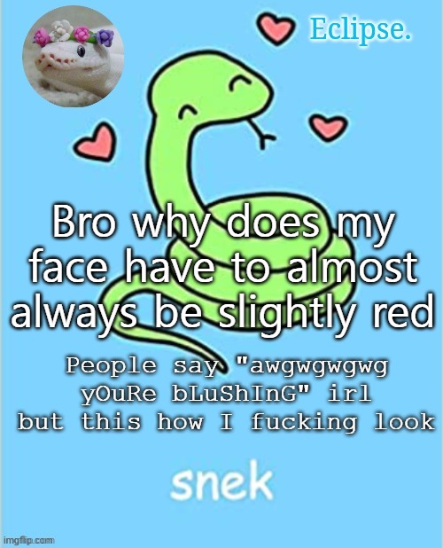 obnoxious | Bro why does my face have to almost always be slightly red; People say "awgwgwgwg yOuRe bLuShInG" irl but this how I fucking look | image tagged in h | made w/ Imgflip meme maker