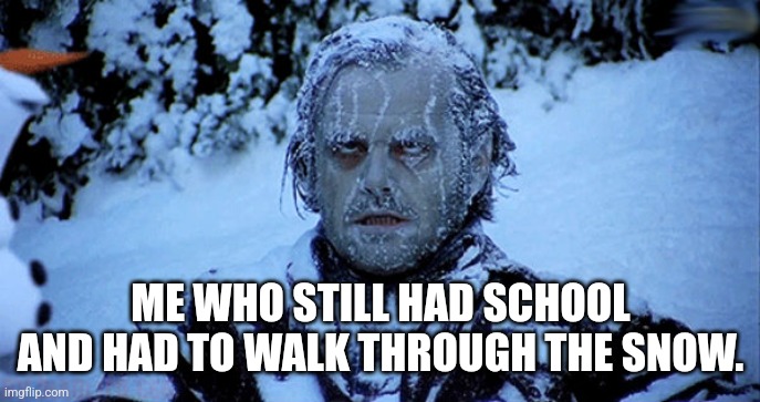 Freezing cold | ME WHO STILL HAD SCHOOL AND HAD TO WALK THROUGH THE SNOW. | image tagged in freezing cold | made w/ Imgflip meme maker