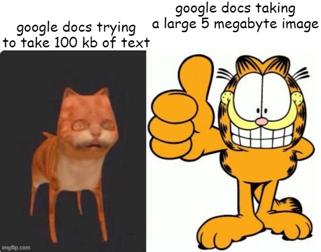 all my fellas | google docs taking a large 5 megabyte image; google docs trying to take 100 kb of text | image tagged in humanity restored,garfield thumbs up | made w/ Imgflip meme maker