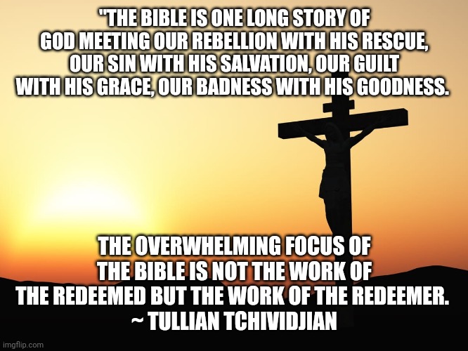 Jesus on the Cross | "THE BIBLE IS ONE LONG STORY OF GOD MEETING OUR REBELLION WITH HIS RESCUE, OUR SIN WITH HIS SALVATION, OUR GUILT WITH HIS GRACE, OUR BADNESS WITH HIS GOODNESS. THE OVERWHELMING FOCUS OF THE BIBLE IS NOT THE WORK OF THE REDEEMED BUT THE WORK OF THE REDEEMER. 
~ TULLIAN TCHIVIDJIAN | image tagged in jesus on the cross | made w/ Imgflip meme maker