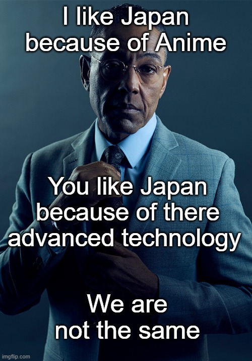 Gus Fring we are not the same | I like Japan because of Anime; You like Japan because of there advanced technology; We are not the same | image tagged in gus fring we are not the same,memes,funny,anime,lol | made w/ Imgflip meme maker