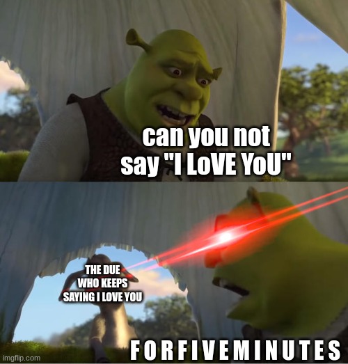 this keeps on happing at me in school and im not gay. | can you not say "I LoVE YoU"; THE DUE WHO KEEPS SAYING I LOVE YOU; F O R F I V E M I N U T E S | image tagged in shrek for five minutes,im not gay | made w/ Imgflip meme maker