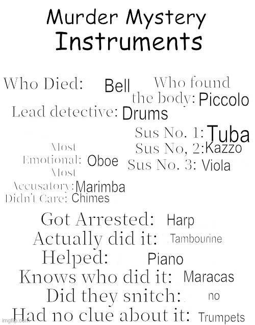 Murder Mystery | Instruments; Bell; Piccolo; Drums; Tuba; Kazzo; Oboe; Viola; Marimba; Chimes; Harp; Tambourine; Piano; Maracas; no; Trumpets | image tagged in murder mystery | made w/ Imgflip meme maker