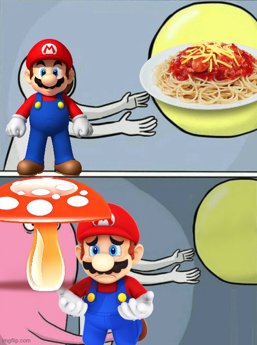 It’s canon in the Mario movie | image tagged in memes,running away balloon,mario,spaghetti,mushroom,mario movie | made w/ Imgflip meme maker