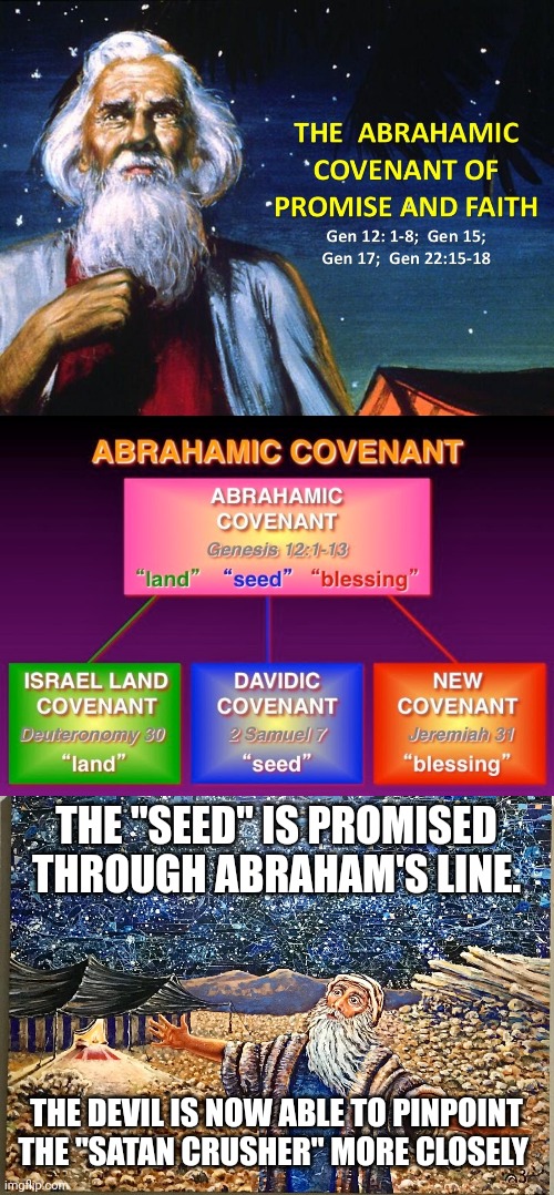 THE "SEED" IS PROMISED THROUGH ABRAHAM'S LINE. THE DEVIL IS NOW ABLE TO PINPOINT THE "SATAN CRUSHER" MORE CLOSELY | image tagged in abrahamic covenant | made w/ Imgflip meme maker