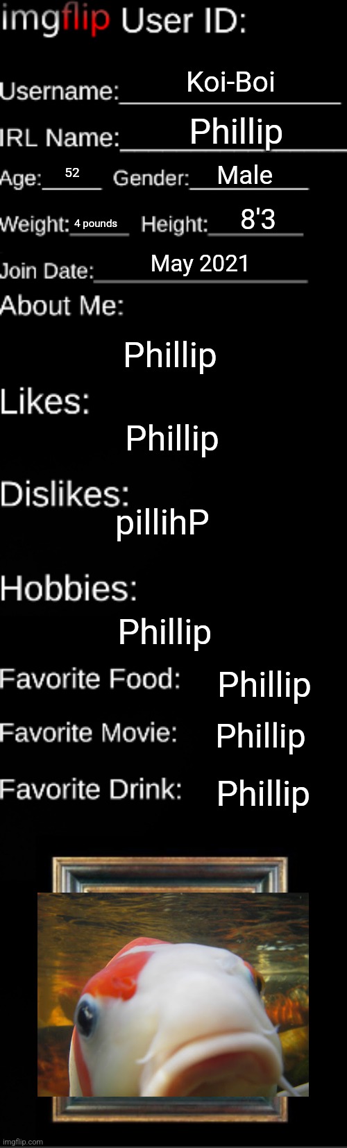 Imgflip user ID | Koi-Boi; Phillip; Male; 52; 8'3; Phillip; 4 pounds; May 2021; Phillip; pillihP; Phillip; Phillip; Phillip; Phillip | image tagged in imgflip user id | made w/ Imgflip meme maker