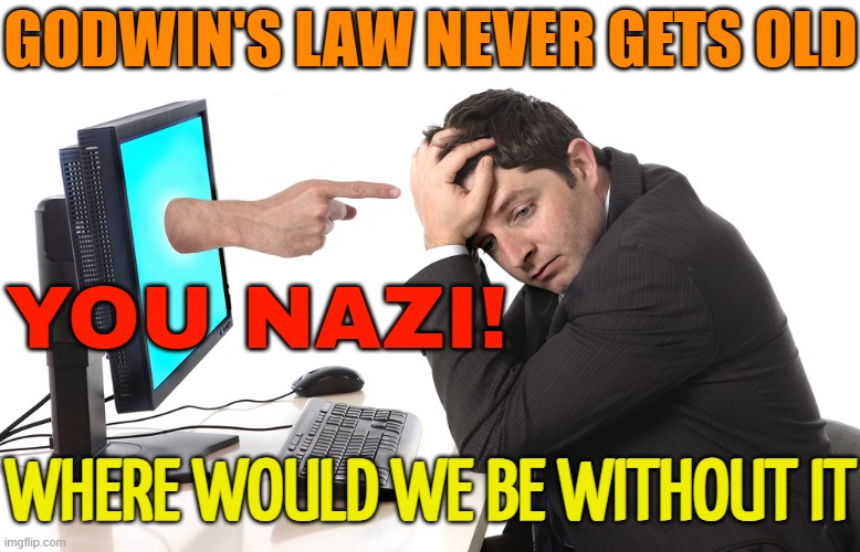 Godwin's Law: It Never Gets Old And Never Feels Tired | GODWIN'S LAW NEVER GETS OLD; YOU NAZI! WHERE WOULD WE BE WITHOUT IT | image tagged in finger pointing from monitor,it's the law,politics lol,scumbags,online,hey internet | made w/ Imgflip meme maker