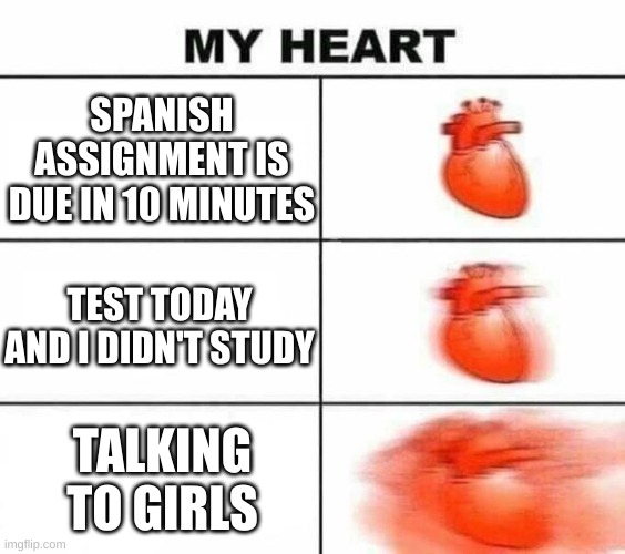 My heart blank | SPANISH ASSIGNMENT IS DUE IN 10 MINUTES; TEST TODAY AND I DIDN'T STUDY; TALKING TO GIRLS | image tagged in my heart blank | made w/ Imgflip meme maker