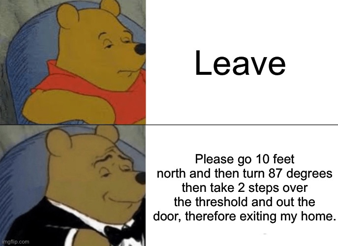Tuxedo Winnie The Pooh | Leave; Please go 10 feet north and then turn 87 degrees then take 2 steps over the threshold and out the door, therefore exiting my home. | image tagged in memes,tuxedo winnie the pooh,leave | made w/ Imgflip meme maker