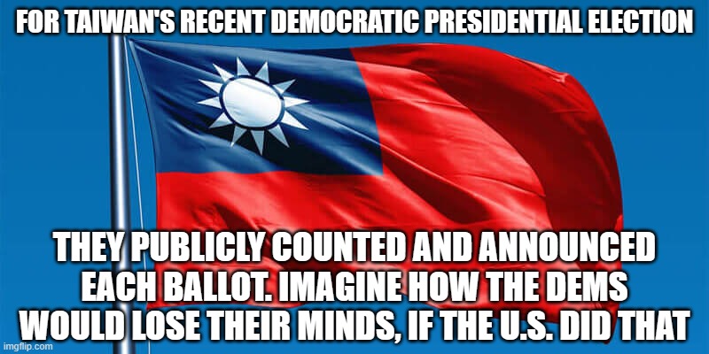 Taiwanese Flag | FOR TAIWAN'S RECENT DEMOCRATIC PRESIDENTIAL ELECTION; THEY PUBLICLY COUNTED AND ANNOUNCED EACH BALLOT. IMAGINE HOW THE DEMS WOULD LOSE THEIR MINDS, IF THE U.S. DID THAT | image tagged in taiwanese flag | made w/ Imgflip meme maker