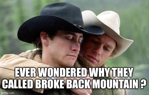 Wondered | EVER WONDERED WHY THEY CALLED BROKE BACK MOUNTAIN ? | image tagged in brokeback mountain | made w/ Imgflip meme maker