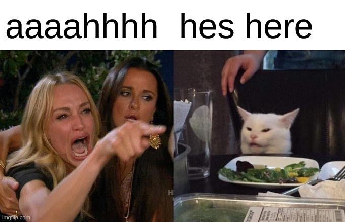 Woman Yelling At Cat | aaaahhhh; hes here | image tagged in memes,woman yelling at cat | made w/ Imgflip meme maker