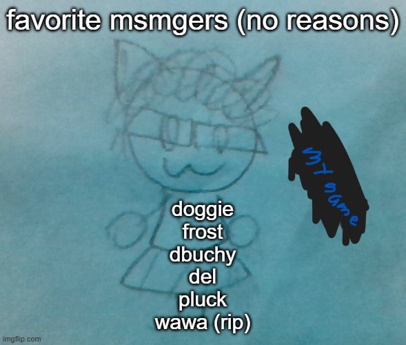 tahts it | favorite msmgers (no reasons); doggie
frost
dbuchy
del
pluck
wawa (rip) | image tagged in bda neko arc | made w/ Imgflip meme maker