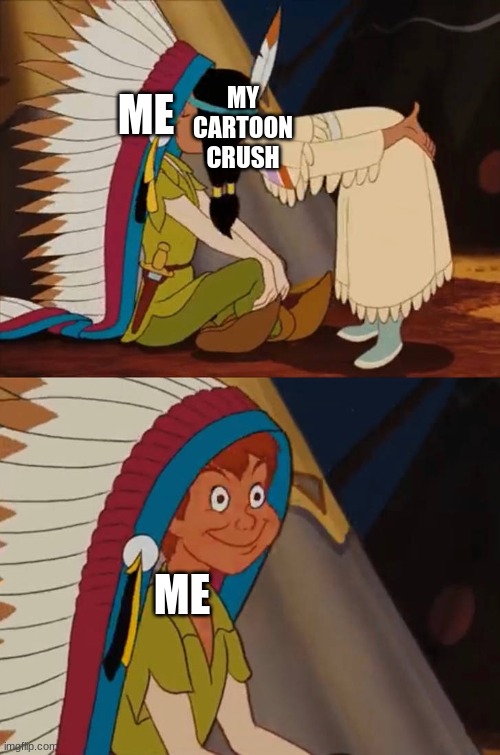 When my cartoon crush kisses me | MY CARTOON CRUSH; ME; ME | image tagged in peter pan kiss and blush,peter pan,cartoon crush | made w/ Imgflip meme maker