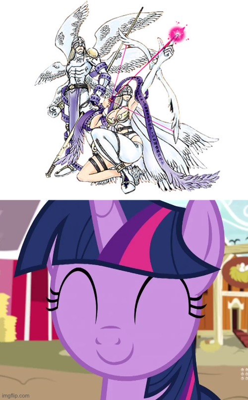Twilight sparkle loves Angemon and Angewomon as a couple | image tagged in happy twilight mlp | made w/ Imgflip meme maker