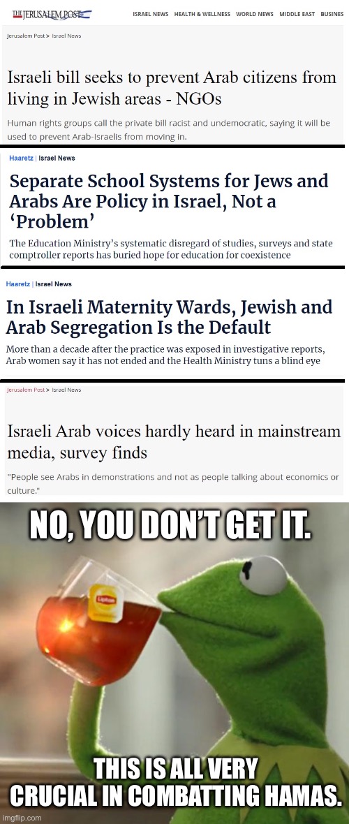 Supporting Jim Crow on steroids really makes you look like the good guys. | NO, YOU DON’T GET IT. THIS IS ALL VERY CRUCIAL IN COMBATTING HAMAS. | image tagged in memes,but that's none of my business,israel,palestine,jim crow,racism | made w/ Imgflip meme maker