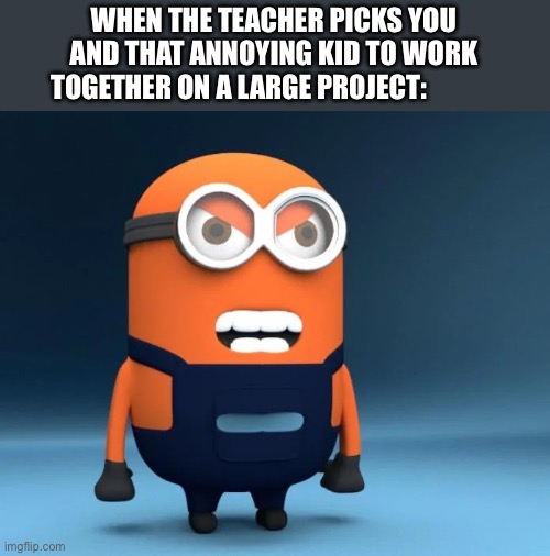 You can’t say anything about it though | WHEN THE TEACHER PICKS YOU AND THAT ANNOYING KID TO WORK TOGETHER ON A LARGE PROJECT: | image tagged in angry minion,anger,bad | made w/ Imgflip meme maker