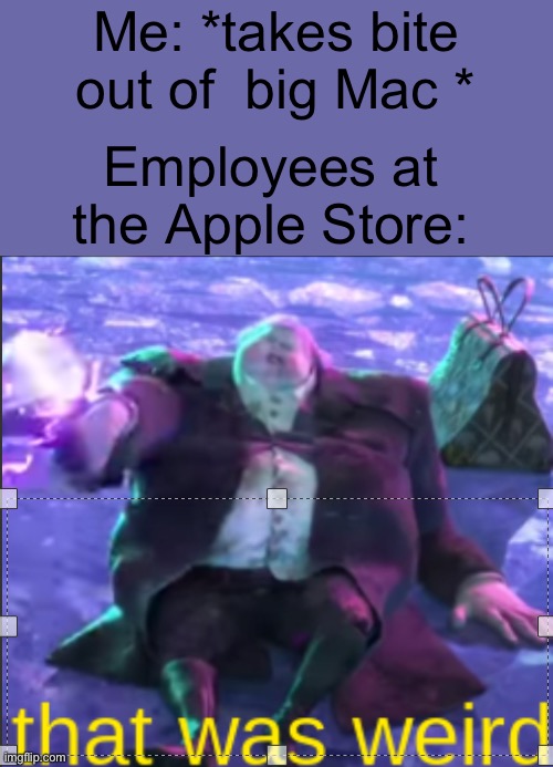 Mac as in MacBook | Me: *takes bite out of  big Mac *; Employees at the Apple Store: | image tagged in puss in boots,apple,big mac | made w/ Imgflip meme maker