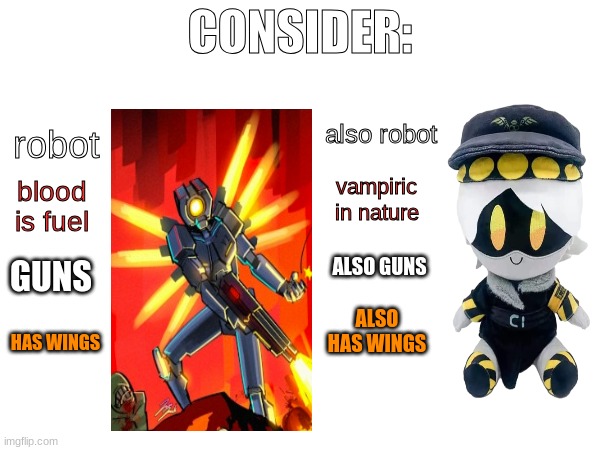 food for thought (not serious) | CONSIDER:; also robot; robot; vampiric in nature; blood is fuel; ALSO GUNS; GUNS; ALSO HAS WINGS; HAS WINGS | image tagged in ultrakill,murder drones | made w/ Imgflip meme maker