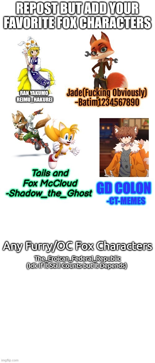 (Idk If It Still Counts btw but Thanks.) | Any Furry/OC Fox Characters; The_Eroican_Federal_Republic
(Idk If It Still Counts but It Depends) | image tagged in furry,fox,wholesome,oc | made w/ Imgflip meme maker