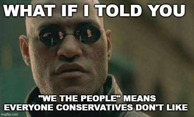 Matrix Morpheus Meme | WHAT IF I TOLD YOU; "WE THE PEOPLE" MEANS EVERYONE CONSERVATIVES DON'T LIKE | image tagged in memes,matrix morpheus,maga,fascists | made w/ Imgflip meme maker