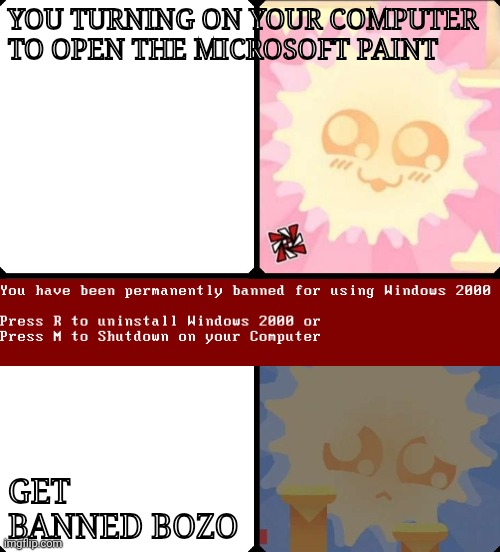 Banned in the Computer | YOU TURNING ON YOUR COMPUTER TO OPEN THE MICROSOFT PAINT; GET BANNED BOZO | image tagged in happy and depression,permanently banned,memes,sunshine by unzor | made w/ Imgflip meme maker