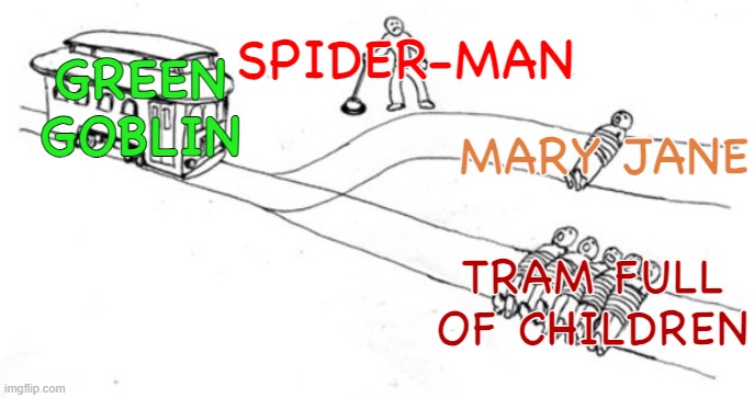 Probably the best usage of this meme | SPIDER-MAN; GREEN GOBLIN; MARY JANE; TRAM FULL OF CHILDREN | image tagged in trolley problem,spiderman,spider-man,tobey maguire,marvel,comic book | made w/ Imgflip meme maker