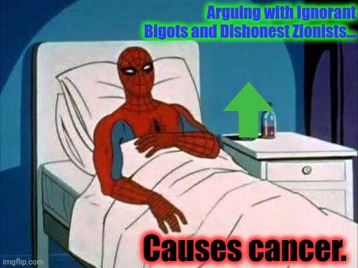 Spiderman Cancer | Arguing with Ignorant Bigots and Dishonest Zionists... Causes cancer. | image tagged in spiderman cancer | made w/ Imgflip meme maker
