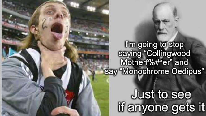Even Freud thinks they’re beyond help | I’m going to stop saying “Collingwood Motherf%#*er” and say “Monochrome Oedipus”; Just to see if anyone gets it | image tagged in sigmund freud,colingwood,football,fans,sports,oedipus | made w/ Imgflip meme maker