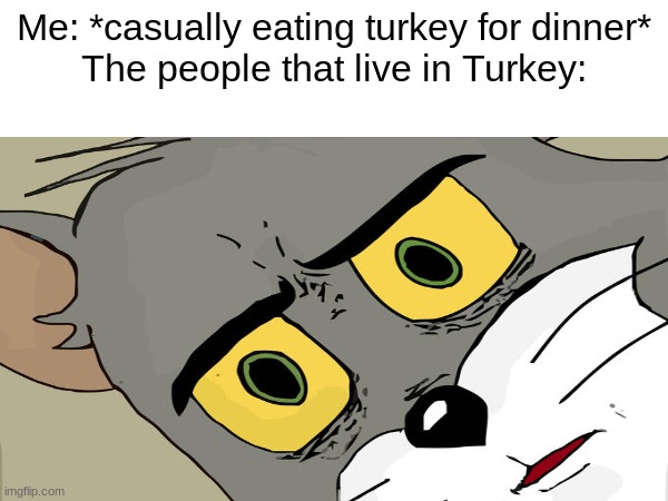 Unsettled tom | Me: *casually eating turkey for dinner*
The people that live in Turkey: | image tagged in memes,unsettled tom | made w/ Imgflip meme maker