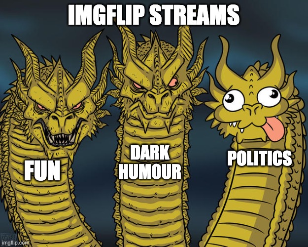 politics goofy ahh | IMGFLIP STREAMS; DARK HUMOUR; POLITICS; FUN | image tagged in three-headed dragon,imgflip,streams | made w/ Imgflip meme maker