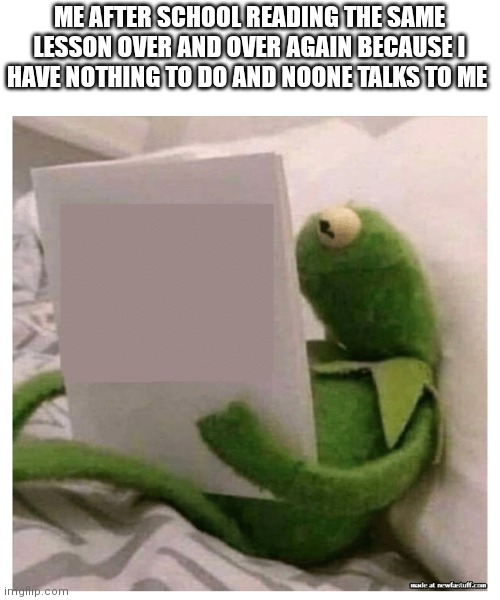 kermit reading book | ME AFTER SCHOOL READING THE SAME LESSON OVER AND OVER AGAIN BECAUSE I HAVE NOTHING TO DO AND NOONE TALKS TO ME | image tagged in kermit reading book | made w/ Imgflip meme maker