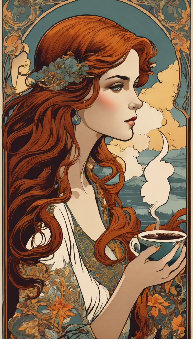 ART NOUVEAU COFFEE POSTER 10 LONG RED HAIR, COFFEE CUP Blank Meme Template