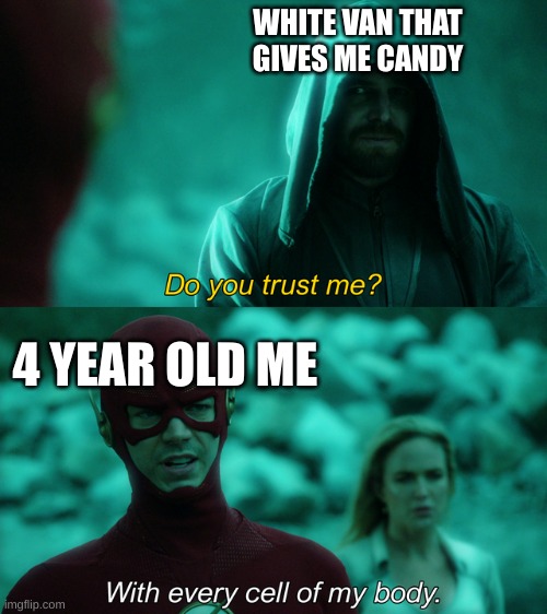 Do you trust me? | WHITE VAN THAT GIVES ME CANDY; 4 YEAR OLD ME | image tagged in do you trust me | made w/ Imgflip meme maker
