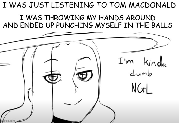 yeah im dumb | I WAS JUST LISTENING TO TOM MACDONALD; I WAS THROWING MY HANDS AROUND AND ENDED UP PUNCHING MYSELF IN THE BALLS | image tagged in im kinda dumb ngl,irl,boys,i'm the dumbest man alive | made w/ Imgflip meme maker