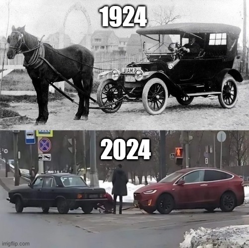 Feature | 1924; 2024 | image tagged in tesla,horse,new feature,cars,irony | made w/ Imgflip meme maker