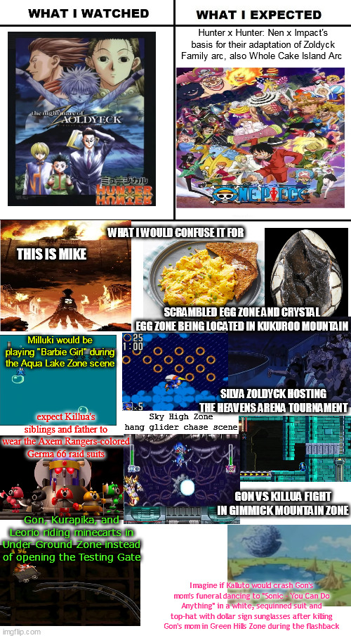 Hunter x Hunter: Nen x Impact's basis for their adaptation of Zoldyck Family arc, also Whole Cake Island Arc; WHAT I WOULD CONFUSE IT FOR; THIS IS MIKE; SCRAMBLED EGG ZONE AND CRYSTAL EGG ZONE BEING LOCATED IN KUKUROO MOUNTAIN; Milluki would be playing "Barbie Girl" during the Aqua Lake Zone scene; SILVA ZOLDYCK HOSTING THE HEAVENS ARENA TOURNAMENT; Sky High Zone hang glider chase scene; expect Killua's siblings and father to wear the Axem Rangers-colored Germa 66 raid suits; GON VS KILLUA FIGHT IN GIMMICK MOUNTAIN ZONE; Gon, Kurapika, and Leorio riding minecarts in Under Ground Zone instead of opening the Testing Gate; Imagine if Kalluto would crash Gon's mom's funeral dancing to "Sonic - You Can Do Anything" in a white, sequinned suit and top-hat with dollar sign sunglasses after killing Gon's mom in Green Hills Zone during the flashback | image tagged in what i watched/ what i expected/ what i got,hunter x hunter,super mario rpg,attack on titan,megaman | made w/ Imgflip meme maker
