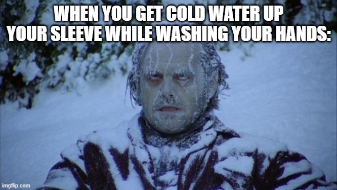 It's freezing to begin with and now I've got cold water up my sleeve | WHEN YOU GET COLD WATER UP YOUR SLEEVE WHILE WASHING YOUR HANDS: | image tagged in cold,why,freezing cold | made w/ Imgflip meme maker