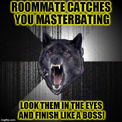 Insanity Wolf | ROOMMATE CATCHES YOU MASTERBATING LOOK THEM IN THE EYES AND FINISH LIKE A BOSS! | image tagged in memes,insanity wolf | made w/ Imgflip meme maker