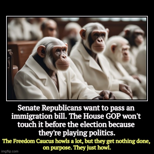 Trump is working behind the scenes to make sure nothing gets done. | Senate Republicans want to pass an 
immigration bill. The House GOP won't 
touch it before the election because 
they're playing politics. | | image tagged in funny,demotivationals,freedom caucus,gop,immigration,secure the border | made w/ Imgflip demotivational maker
