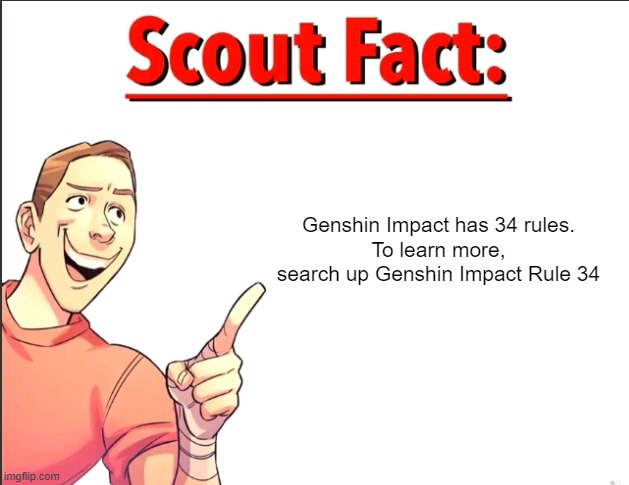 Scout Fact | Genshin Impact has 34 rules.
To learn more, search up Genshin Impact Rule 34 | image tagged in scout fact | made w/ Imgflip meme maker