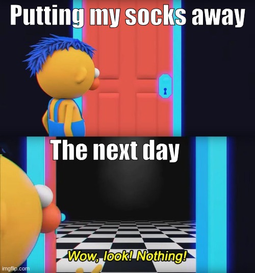 Facts 4 | Putting my socks away; The next day | image tagged in wow look nothing | made w/ Imgflip meme maker