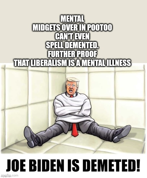 Leftists can't meme | MENTAL MIDGETS OVER IN POOTOO
CAN'T EVEN SPELL DEMENTED.
FURTHER PROOF THAT LIBERALISM IS A MENTAL ILLNESS | made w/ Imgflip meme maker