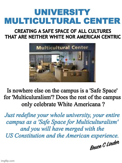 Multicultural Safe Space | only celebrate White Americana ? | image tagged in multiculturalism,safe space,american universities,separate but equal,teaching hate | made w/ Imgflip meme maker