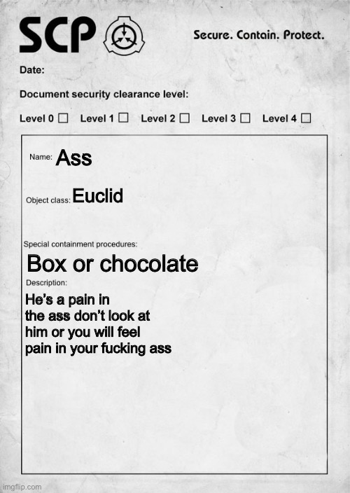 SCP document | Ass Euclid Box or chocolate He’s a pain in the ass don’t look at him or you will feel pain in your fucking ass | image tagged in scp document | made w/ Imgflip meme maker