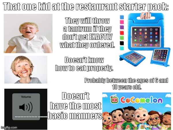 ipad kids fr | That one kid at the restaurant starter pack:; They will throw a tantrum if they don't get EXACTLY what they ordered. Doesn't know how to eat properly. Probably between the ages of 6 and
 10 years old. Doesn't have the most basic manners. | image tagged in ipad,annoying,starter pack,relatable,imgflip,im bored | made w/ Imgflip meme maker