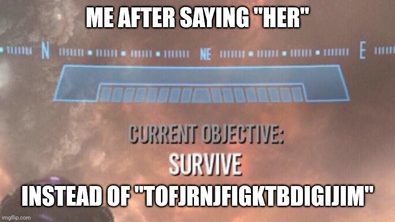 Current Objective: Survive | ME AFTER SAYING "HER"; INSTEAD OF "TOFJRNJFIGKTBDIGIJIM" | image tagged in current objective survive | made w/ Imgflip meme maker