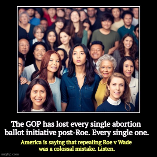 The woman makes her own decision with her family and physician. You don't get to make that decision for her. | The GOP has lost every single abortion 
ballot initiative post-Roe. Every single one. | America is saying that repealing Roe v Wade 
was a c | image tagged in funny,demotivationals,roe v wade,americans,hate,maga | made w/ Imgflip demotivational maker
