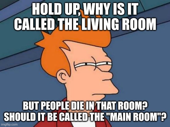 Shower Thought | HOLD UP, WHY IS IT CALLED THE LIVING ROOM; BUT PEOPLE DIE IN THAT ROOM?
SHOULD IT BE CALLED THE "MAIN ROOM"? | image tagged in memes,futurama fry | made w/ Imgflip meme maker