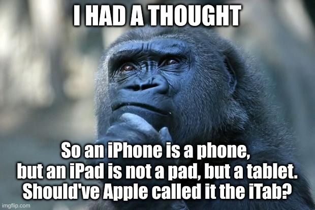 Oh sheesh | I HAD A THOUGHT; So an iPhone is a phone, 
but an iPad is not a pad, but a tablet.
Should've Apple called it the iTab? | image tagged in deep thoughts,iphone,ipad,itab,apple | made w/ Imgflip meme maker